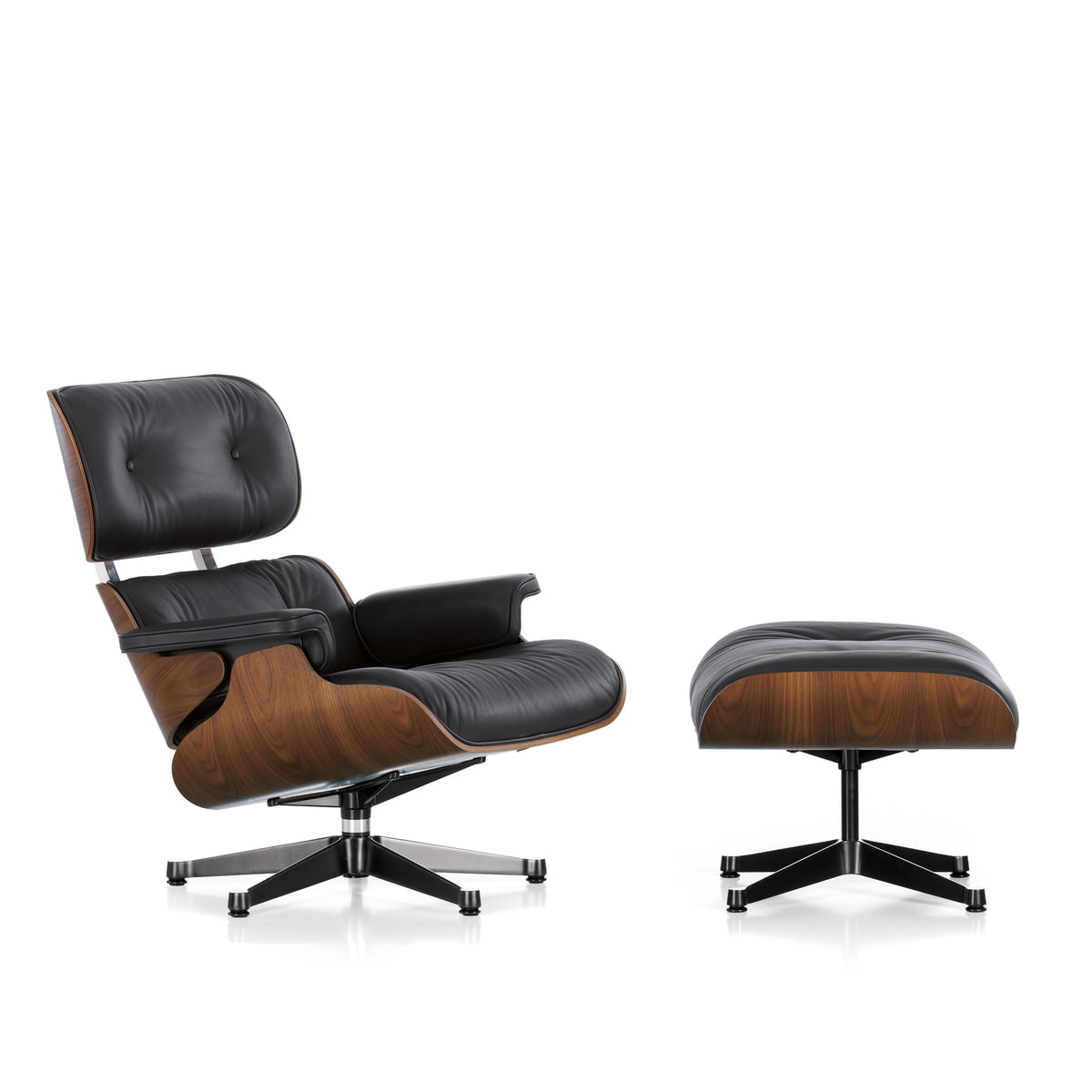 vitra  lounge chair  ottoman polished  sides black walnut black  pigmented premium leather f nero new dimensions