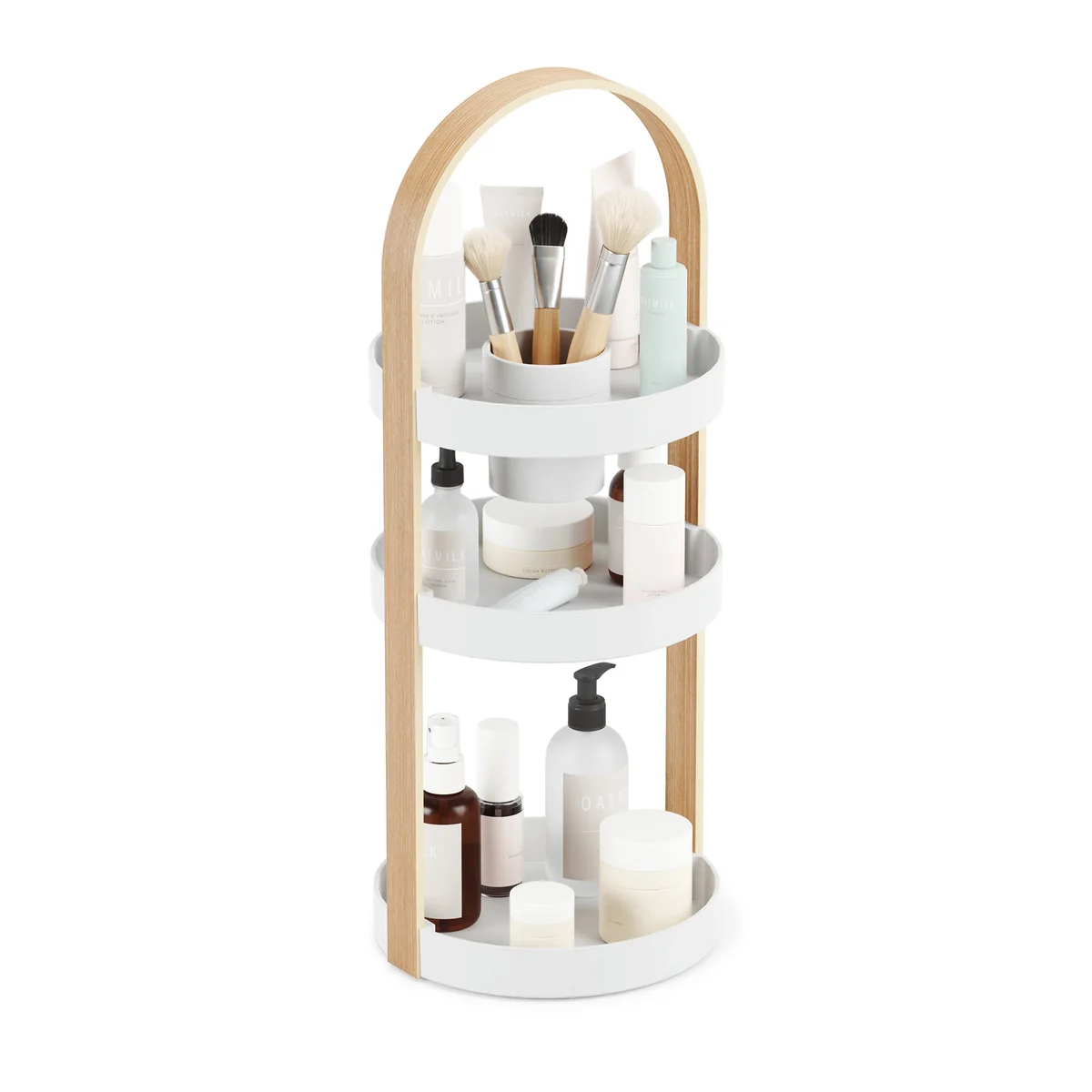 The Bellwood organizer from Umbra in white / natural with cosmetic products