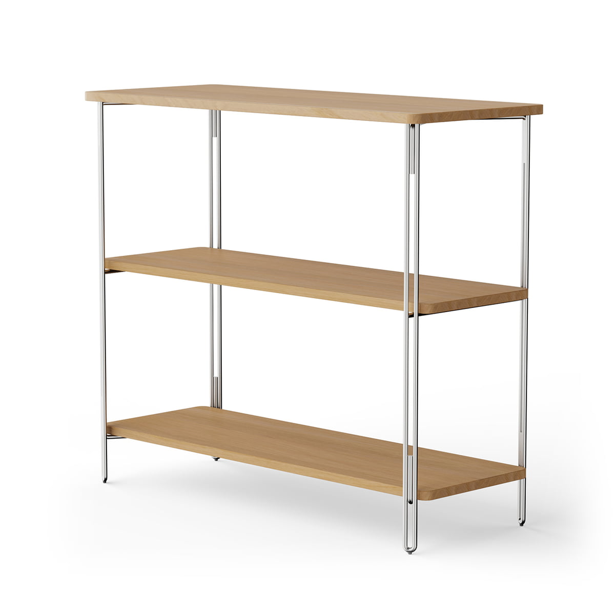 NINE - Inline Floor standing shelf, oak / polished stainless steel