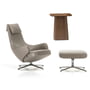 Vitra - Repos Armchair and ottoman with free Wooden Side Table small, leather premium sand, polished aluminum (felt glides) / walnut (action set)
