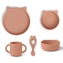 LIEWOOD - Vivi Silicone tableware set, cat, dark rose (set of 4)
