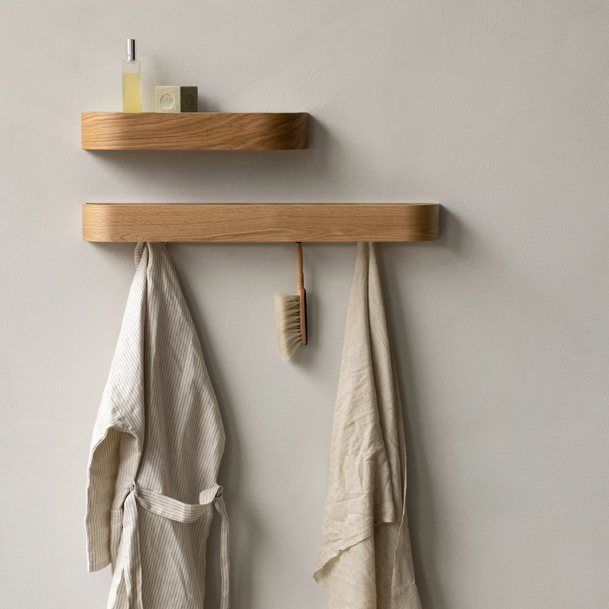 Slim Wood Wall Shelf With Hooks