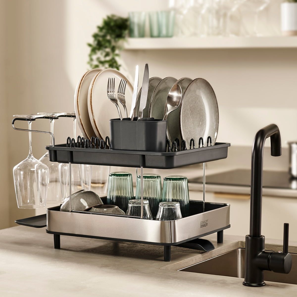 mDesign Steel Compact Dish Drying Rack with Cutlery Tray - Dk
