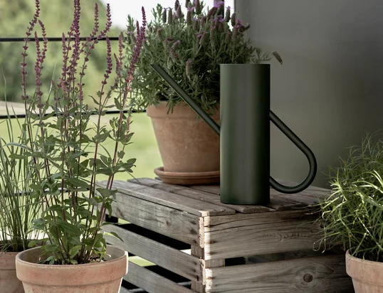 The Bloom watering can 2 l in pine from Stelton is characterized by a special handle shape that harmonizes poetically with the watering can.