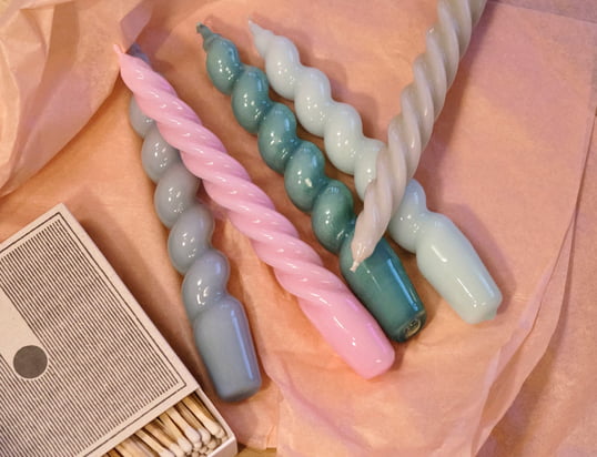 The Spiral Stick candles from Hay in the ambience view. The Spiral Stick candles are available individually or also in sets of 6, in various designs.