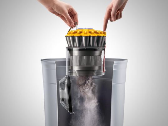 Bagless vacuuming with constant high suction power and improved dust collection: thanks to the innovative root cyclone system by Dyson. The air is passed through a large cyclone and then at once distributed to several smaller cyclones. The dust container can be emptied at the touch of a button.