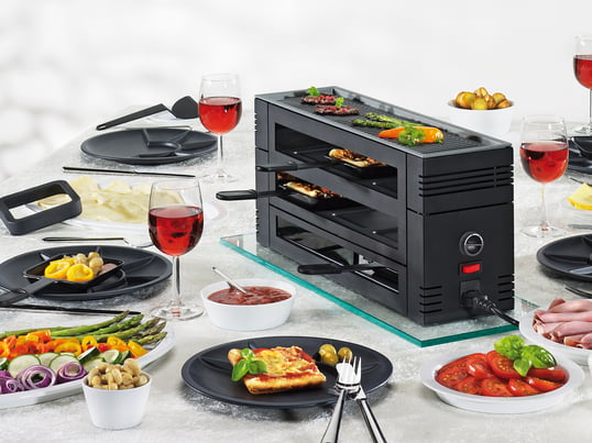 The Pizza Raclette 6 by Spring is a table raclette for up to 6 people. Thanks to powerful heating coils, both crispy pizza and perfect raclette succeed.