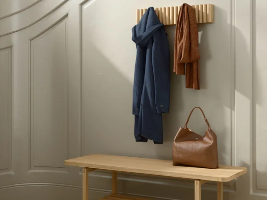 The Mono wall coat rack from Andersen Furniture is a testament to simplicity and elegance, crafted from solid oak. Its design embodies a minimalist aesthetic, with the light oak finish adding a sense of warmth and radiance to any interior.