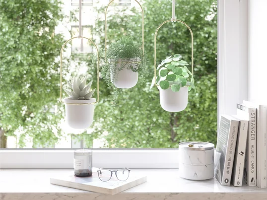 The Triflora hanging basket Umbra is a beautiful way to hang flowers and plants indoors. The bracket combines the construction of a curtain rod with plant pots and can be hung wonderfully above the window or on the wall in the kitchen or living room.