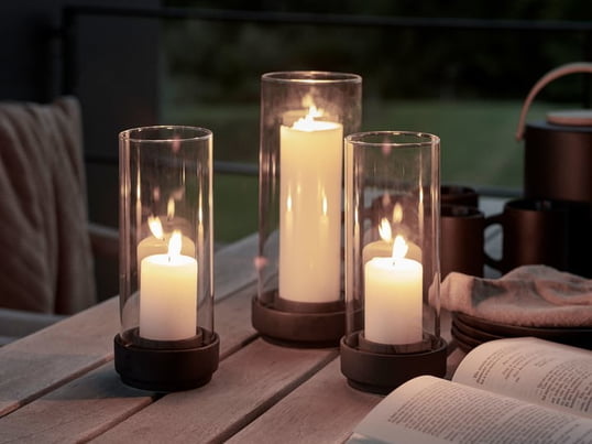 The Hurricane lantern from Stelton was designed by Maria Berntsen and provides both indoors and outdoors equipped with candles for a cozy atmosphere.