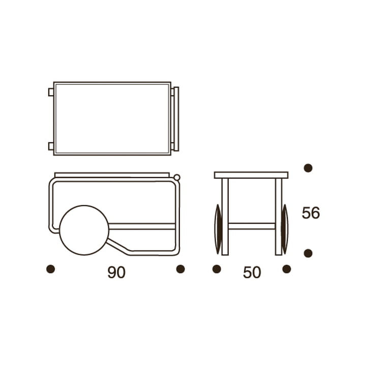 Technical draft with dimensions of the 901 Trolley by Artek