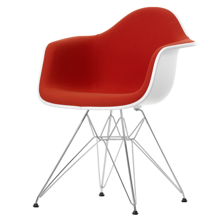 Vitra - Eames Plastic Armchair DAR Full upholstery, chrome-plated / white / Hopsak poppy red