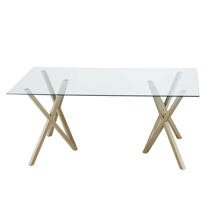 The natural table trestle Mika with a glass table top