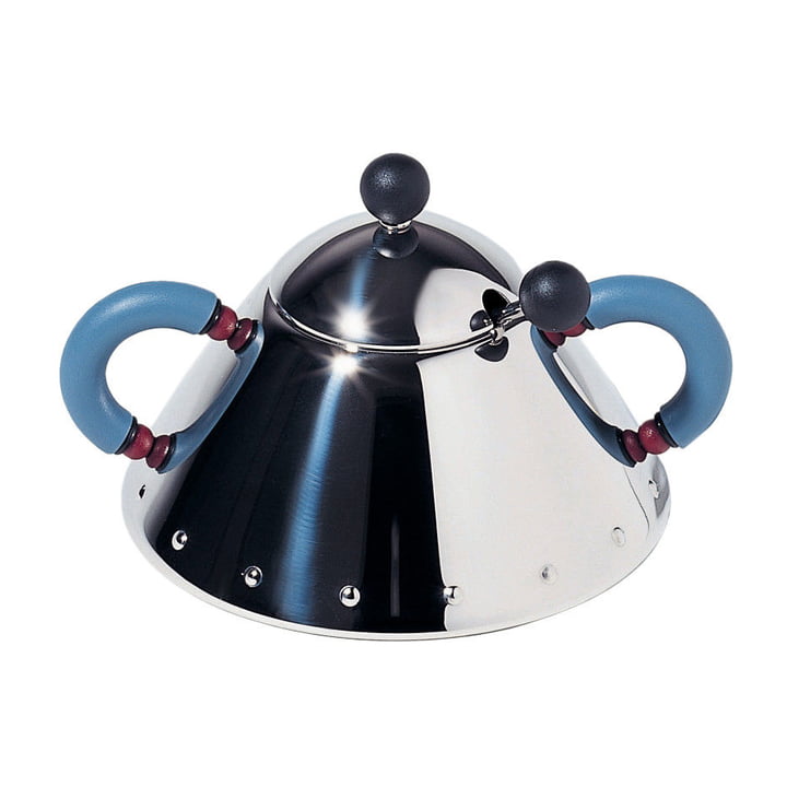 Sugar bowl 9097, polished stainless steel / light blue handles by Alessi