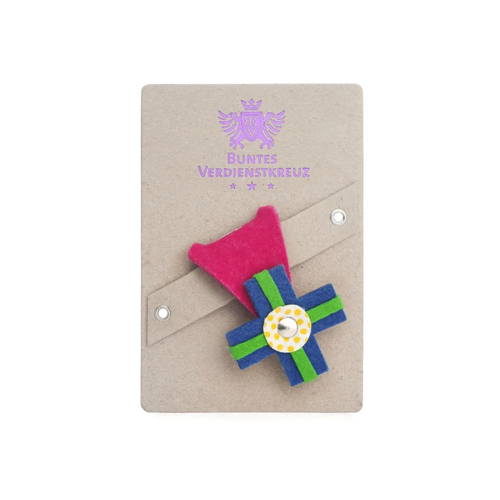 frombox - multicoloured merit badge, pink / cyan