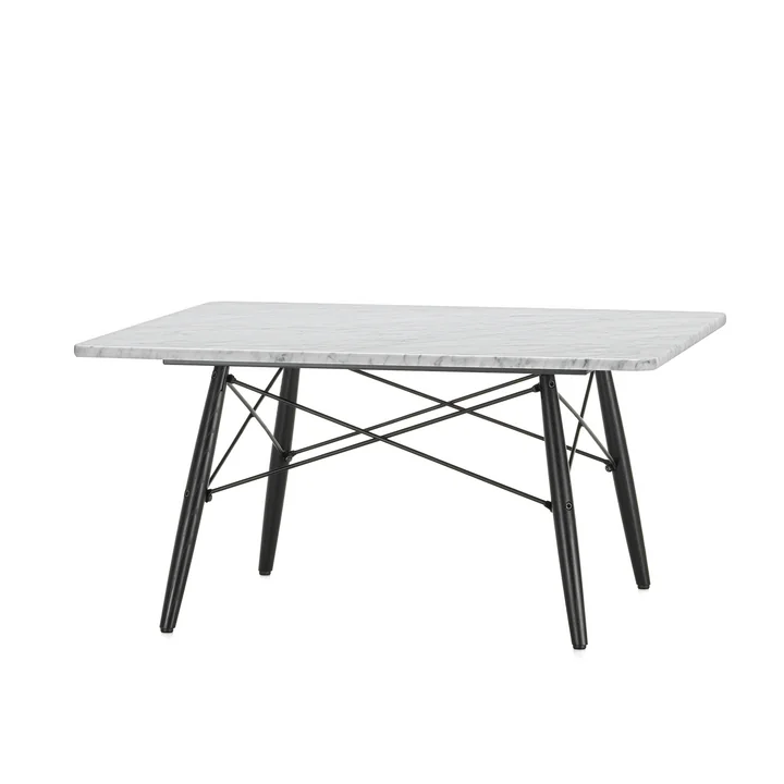 The Eames Coffee Table square in white marble with a black ash pedestal by Vitra