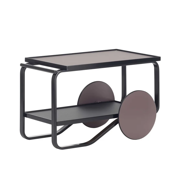 Tea Trolley by Artek in Birch Black and Linoleum Peat and Charcoal coloured