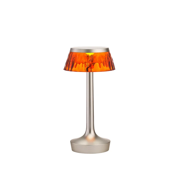 The Flos - Bon jour Unplugged table lamp in matt chrome / crown amber