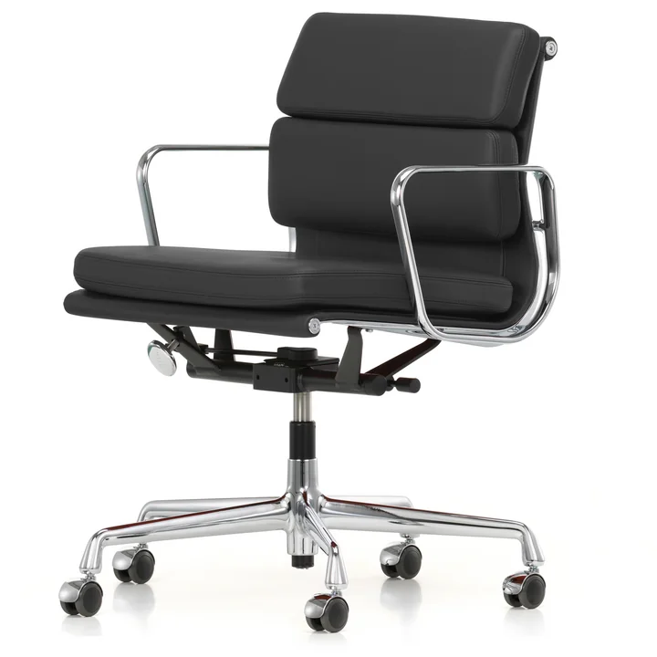 Soft Pad Chair EA 217 Chrome from Vitra swivel with armrests in leather Premium in asphalt (casters for carpeted floors)