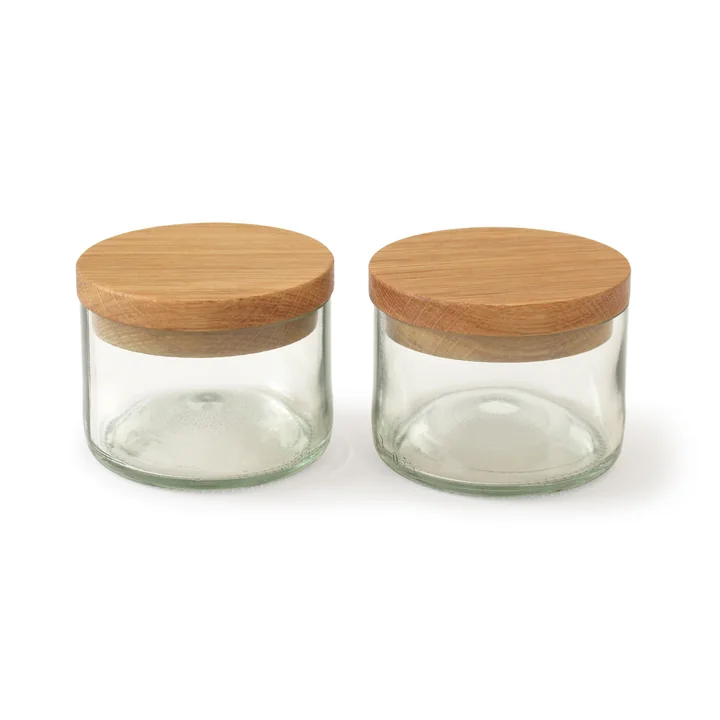 Salt & Spice Jars (Set of 2) by side by side, oak/glass