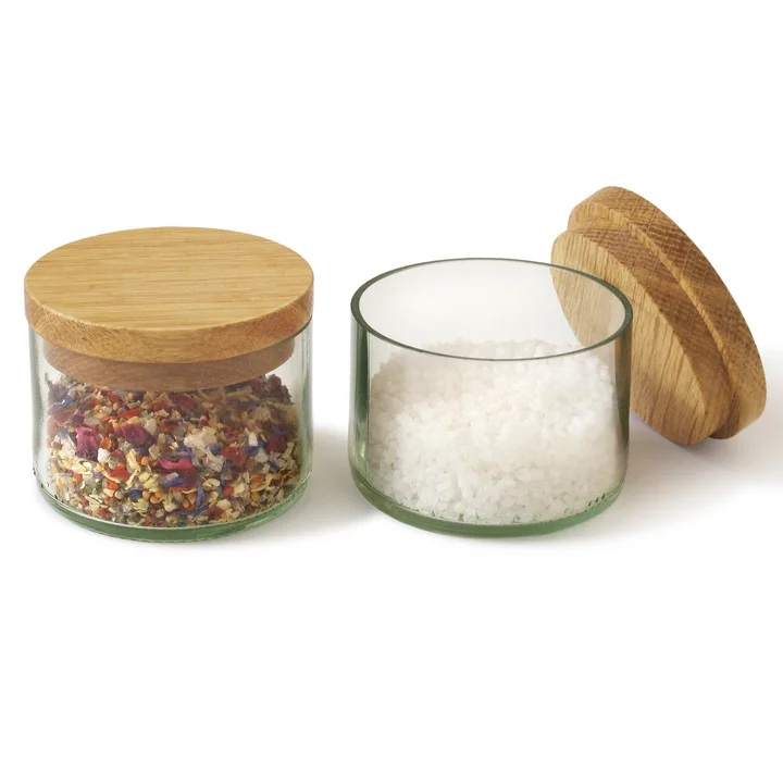 Salt & Spice Jars (Set of 2) by side by side, oak/glass