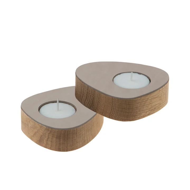 Curve Tea Light Holder by Lind DNA in Oak / Light Grey Nupo (set of 2)