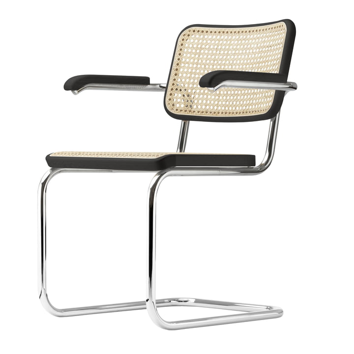 S 64 V armchair from Thonet in chrome / beech black stained (TP 29) / wickerwork with plastic support fabric