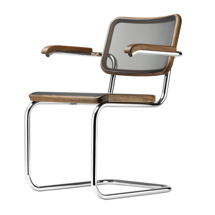 S 64 N armchair from Thonet in chrome / oiled walnut / black mesh upholstery (Pure Materials)