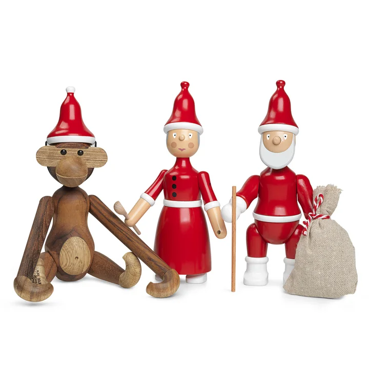 Wooden monkey with pointed hat, Santa Claus and Santa Claus by Kay Bojesen