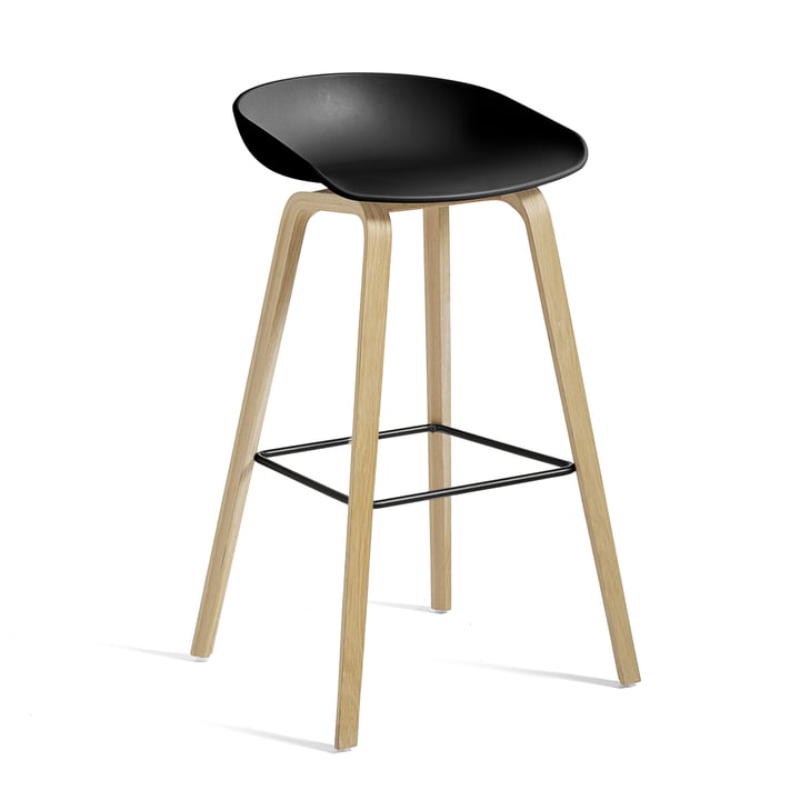 Hay - About A Stool AAS 32, oak frame (matt lacquered), stainless steel footrest / black seat shell H85, plastic glides