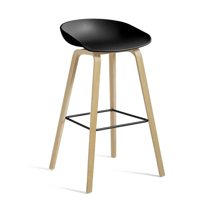 HAY - About A Stool AAS 32, oak frame (matt lacquered), stainless steel footrest / black seat shell H85, plastic glides