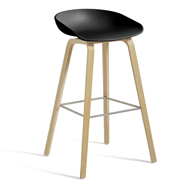HAY - About A Stool AAS 32, oak frame (matt lacquered), stainless steel footrest / black seat shell H85, plastic glides