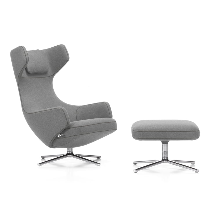 Grand Repos Armchair and Ottoman from Vitra in light gray (01 pebble) / polished aluminum (felt glides)