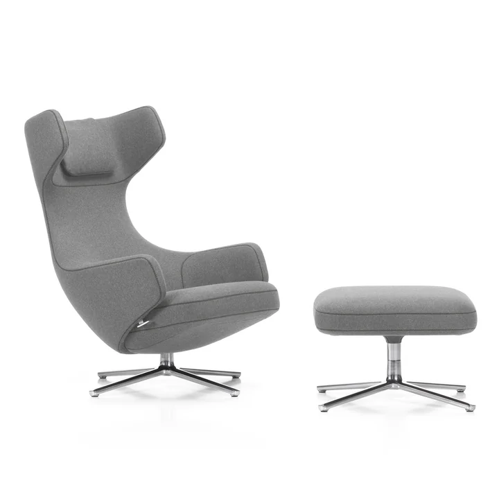 Grand Repos Armchair and Ottoman from Vitra in light gray (01 pebble) / polished aluminum (felt glides)