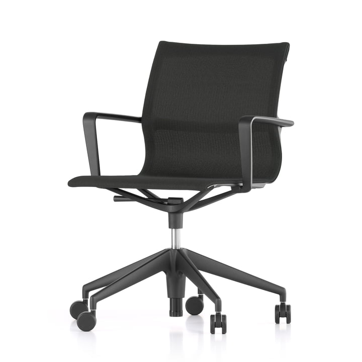 The Vitra - Physix Studio office swivel chair, cover FleeceNet black, frame color jet black, soft castors for hard floors.