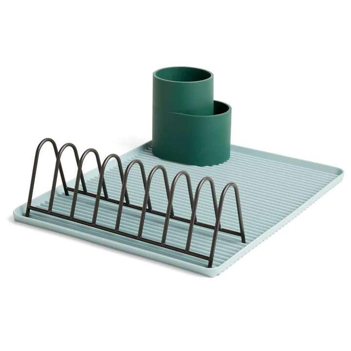 The HAY - Dish Drainer Drip Tray in Light Blue with a Rack and Cutlery Holder in Dark Green