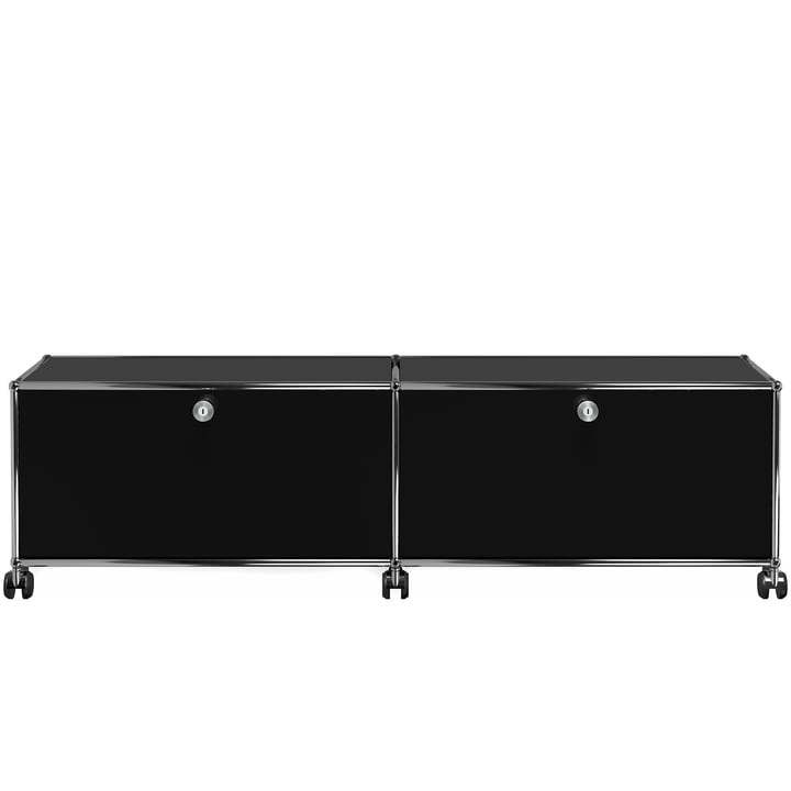 USM Haller - Low TV/Hi-Fi Stand M with Drop-Down Doors and Castors, graphite black (RAL 9011)