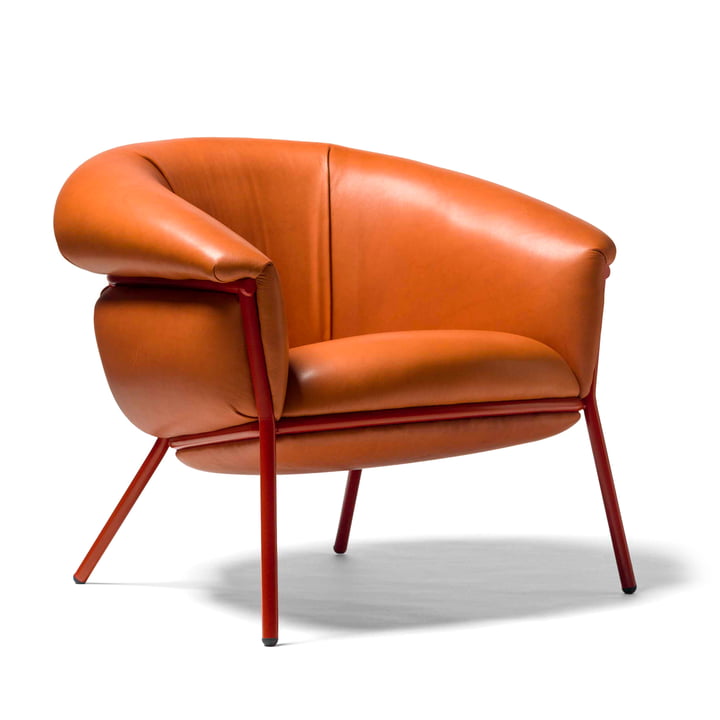 Grasso armchair from BD Barcelona in red (RAL 3013) / leather grapefruit (Sauvage S50)