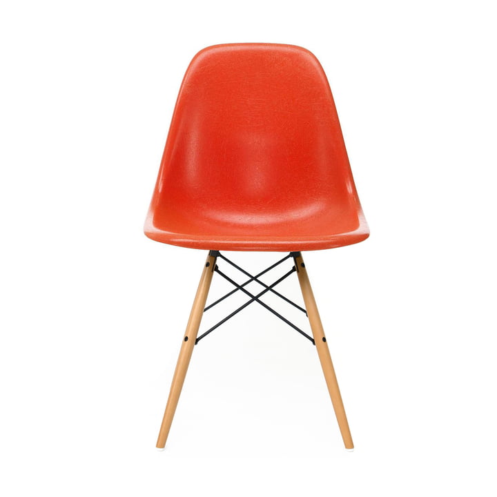 Eames Fiberglass Side Chair DSW by Vitra in maple yellowish / Eames red orange