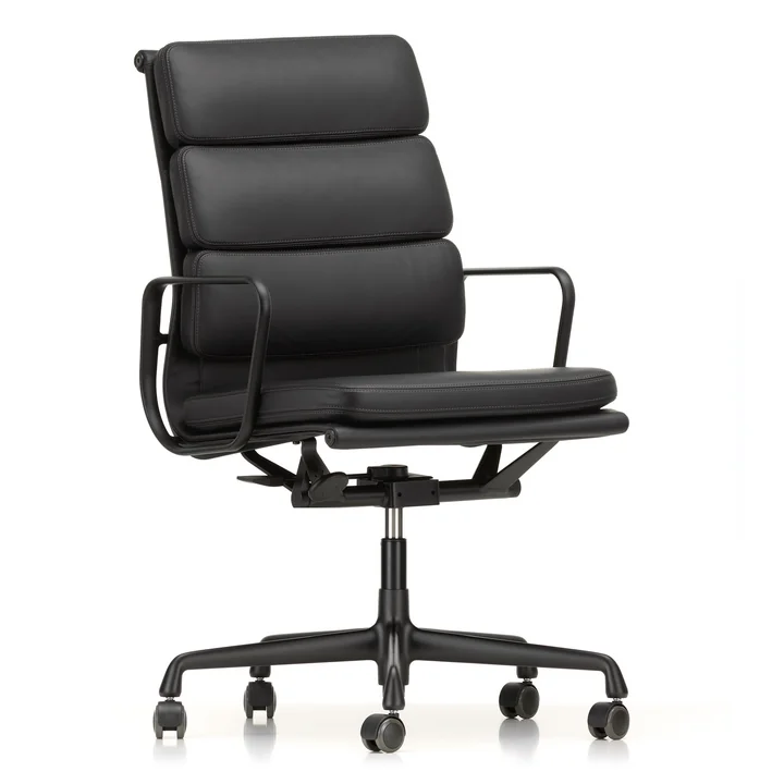 EA 219 Soft Pad office chair coated deep black with armrests from Vitra with leather premium nero (hard floor castors)