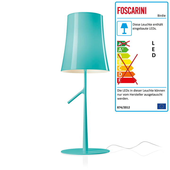 Birdie Grande LED table lamp with dimmer by Foscarini in aqua