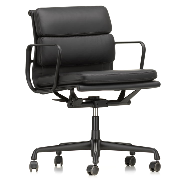 EA 217 Soft Pad office chair coated deep black with armrests, swivel from Vitra in leather premium nero (hard floor castors)