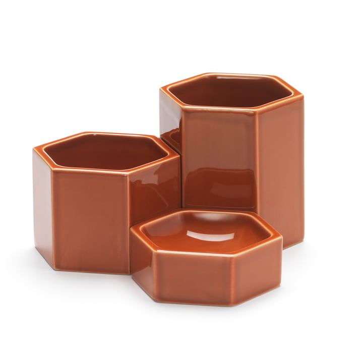 Hexagonal Containers in set of 3 from Vitra in stainless orange
