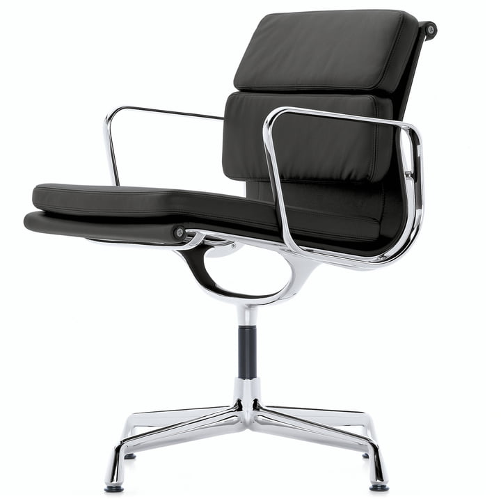 EA 208 Soft Pad Chair polished aluminum with armrests swivel of Vitra in leather premium black
