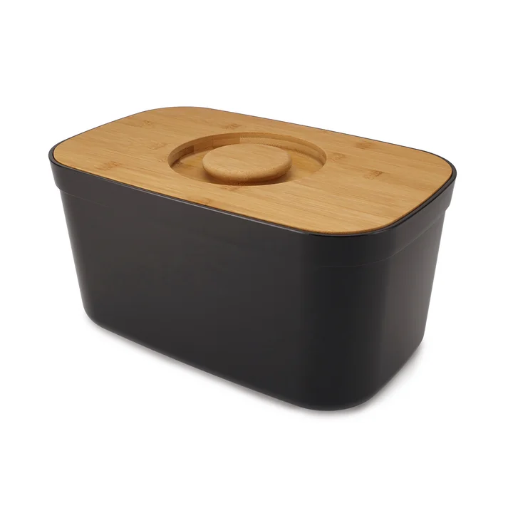 Bread Bin bread basket with cutting board lid from Joseph Joseph in bamboo / black