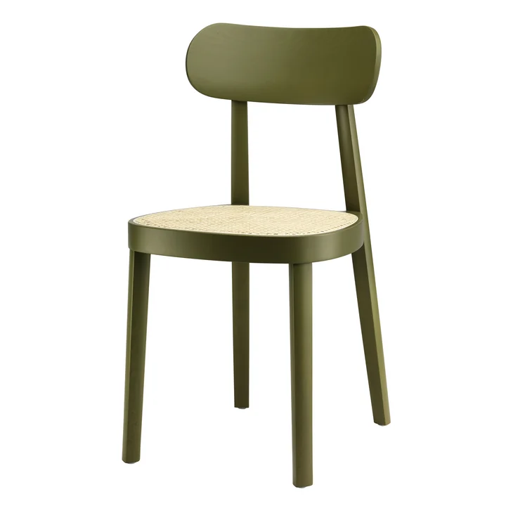 118 Chair from Thonet , wickerwork with plastic support fabric / beech stained olive green (RAL 6003)