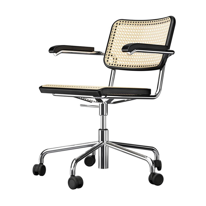 S 64 VDR Swivel chair, chrome / beech black stained (TP 29) / cane mesh with plastic support fabric by Thonet