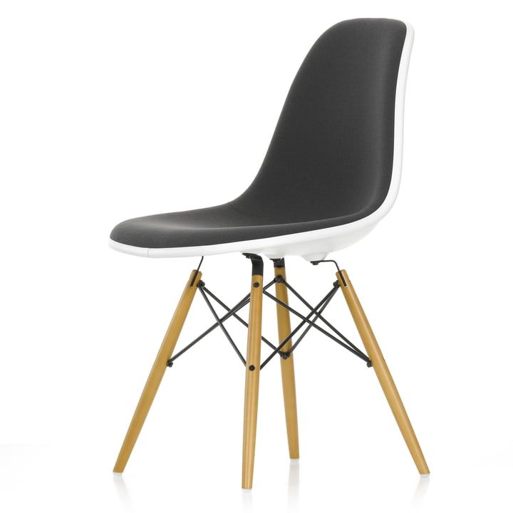 Eames Plastic Side Chair DSW (H 43 cm) by Vitra in maple yellowish / white, full upholstery Hopsak dark grey (05), felt glider white