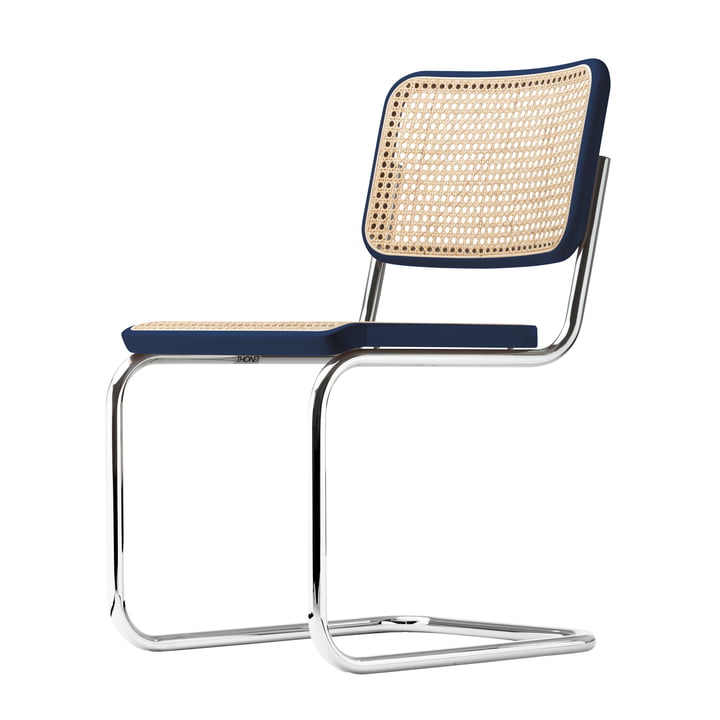S 32 V chair from Thonet in chrome / dark blue beech (TP 259) / wickerwork with support fabric