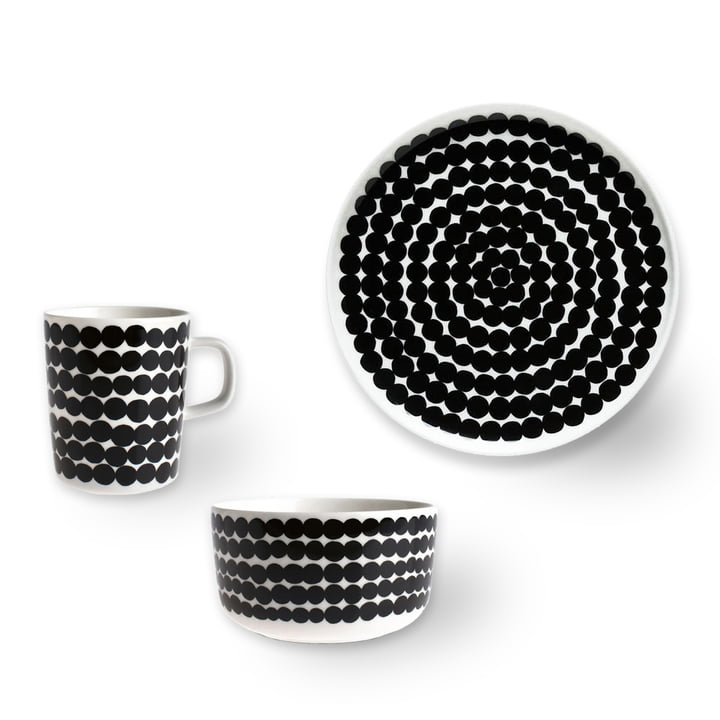 Oiva Räsymatto bowl 500 ml + Oiva Räsymatto cup with handle 250 ml + Oiva Siirtolapuutarha plate Ø 20 cm from Marimekko in white / black